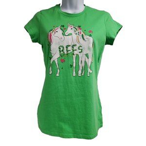 St Patricks Day Girls Green Unicorn Shirt Screen Printed Glitter Size XL(14/16)